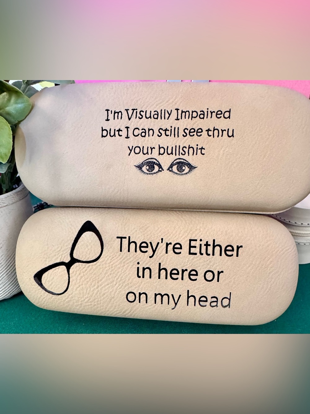 Hand crafted by me engraved faux leather hard shell eye glass case pick one